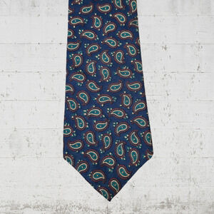 80s Vintage Navy Green Paisley London Mallory and Church Neck Tie 3.75 x 59